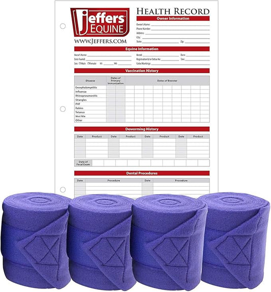 Jeffers Horse Fleece Polo Wraps 4 Pack and Equine Health Record 1 Pack Kit – Leg Wrap Accessories for Training Riding Turnout Stable, Hoof Care Tracker, Equestrian Horse Supplies - Purple