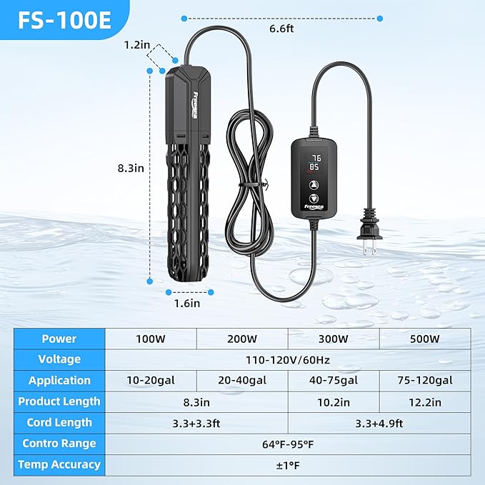 FREESEA Aquarium Heater for Fish Tank: 100W/200W/300W/500W Submersible Fish Tank Heaters with Over-Temperature and Off-Water Protection for 10-20 Gallon Saltwater and Freshwater