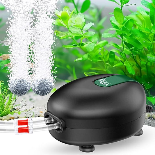 AQQA Aquarium Air Pump Whisper Oxygen Aerator Powerful Fish Tank Air Pump Dual Outlets Adjustable Airflow Bubblers with Air Stone Tubes Check Valves (8W for Up to 160Gal Tank)