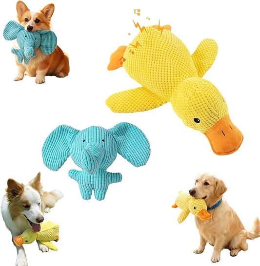 2PC Dog Toy Set: Yellow Duck & Blue Elephant with Squeakers, Durable Chew-Resistant Plush for Teething Puppies and Indoor Cats - Not for Children
