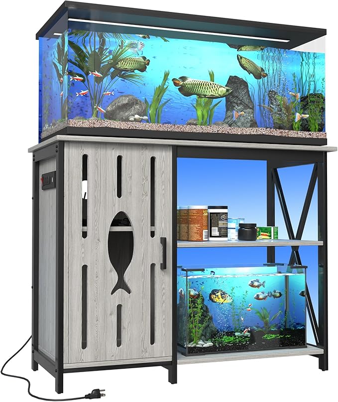 Aquarium Stand 40 Gallon,Fish Tank Stand with Cabinet Storage,Power Outlets & LED Light,Heavy Duty Aquarium Stand for Turtle Tank,Reptile Terrarium,800LBS Capacity,Grey