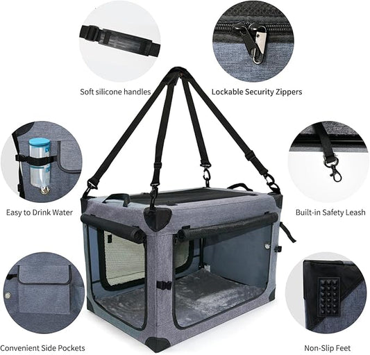 NEZUC Soft Collapsible Dog Crate - 24 Inch Portable Soft Sided Travel Dog Crates for Small Dogs, 4-Door Foldable Dog Carrier, Pet Kennel Indoor & Outdoor (Gray, 24.0" L x 17.0" W x 17.0" H)