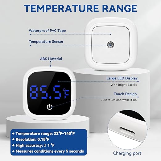 Rechargeable Digital Aquarium Water Thermometer with HD LED Screen, Display ±1℉, Fish Tank Decoration Accessories for Betta Axolotl Shrimp Turtle Reptile & Aquatic
