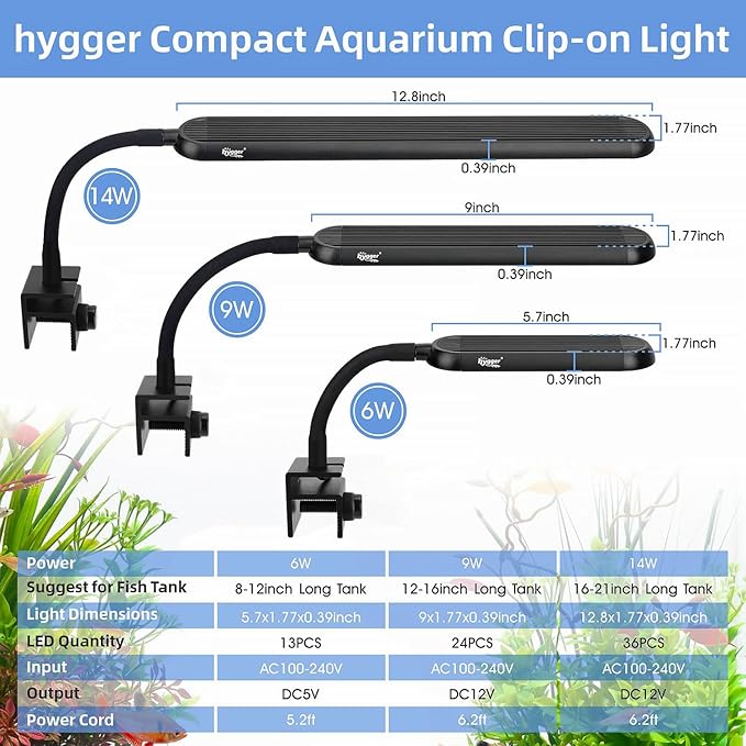 hygger 8-19 Gallon Clip-on Aquarium Light with White Blue Red LEDs Fish Tank Lighting Built-in Timer 5 Brightness Levels 14W