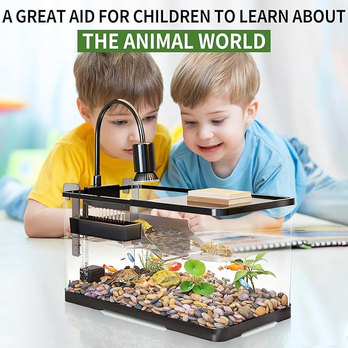 (Tank + Light +Pump + Filter + Filter Balls) Turtle Tank Kit, Turtle Tank Starter Kit,Bottom Drainage, Multi-Function Areas for Turtles, Crabs,Fishes, Amphibians,Reptiles. (21.65 x 12.28 x12.28 Inch)