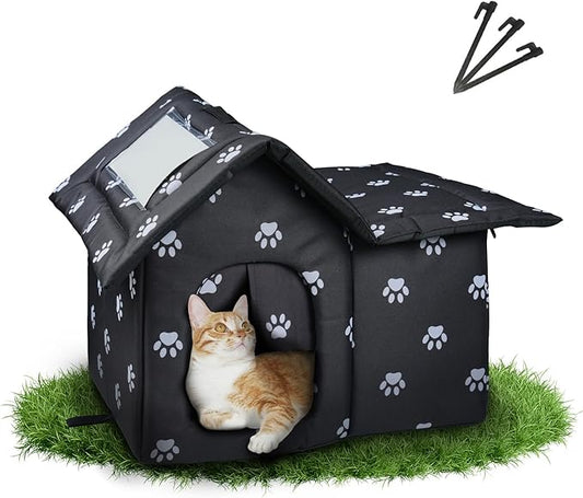 Outdoor Cat House Weatherproof, Outdoor Cat Shelter, Collapsible Cat Houses Outdoor for Indoor Cats with Soft Mat, Door and Edging Nails, Easy to Assemble (Black)