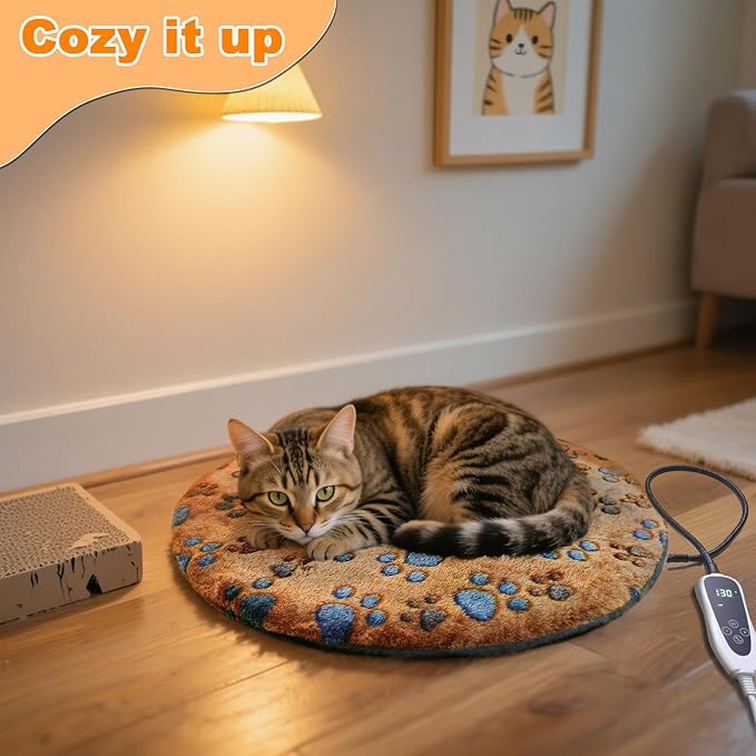 GOLOPET Cat Heating Pad, 16 in Round Heated Bed Smart Thermostatic Switch, Add Wire Rope Cat Carpet Puppy Whelping Supplies, Comes with a Plush Cloth Cover - Apricot