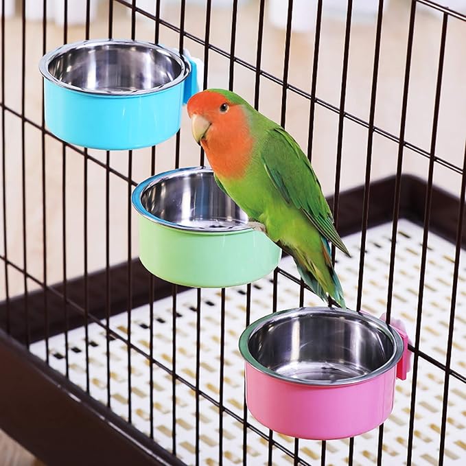 kathson 3 PCS Crate Dog Bowl, Stainless Steel Removable Hanging Cage Food Bowl Pet Food Spoon & Water Feeder Bowls Coop Cup for Puppy Cat Bird Rabbit