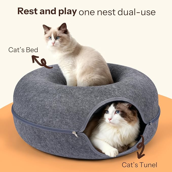Peekaboo Cat Cave Bed for Indoor Cats, Scratch-Resistant Cat Donut Tunnel for Multiple & Large Cats, Detachable Round Cat Hideaway for Playing, Sleeping and Hiding, Up to 30-45 lbs