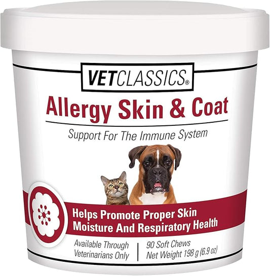 Vet Classics Allergy Skin & Coat Support Pet Supplement for Dogs & Cats – Pet Health Supplement for Cat Skin Moisture, Dog Allergies, Pet Respiratory Health– Includes Antioxidants – Soft Chews 90 Ct.