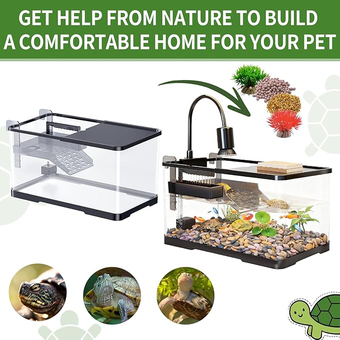 (Tank + Light +Pump + Filter + Filter Balls) Turtle Tank Kit, Turtle Tank Starter Kit,Bottom Drainage, Multi-Function Areas for Turtles, Crabs,Fishes, Amphibians,Reptiles. (21.65 x 12.28 x12.28 Inch)