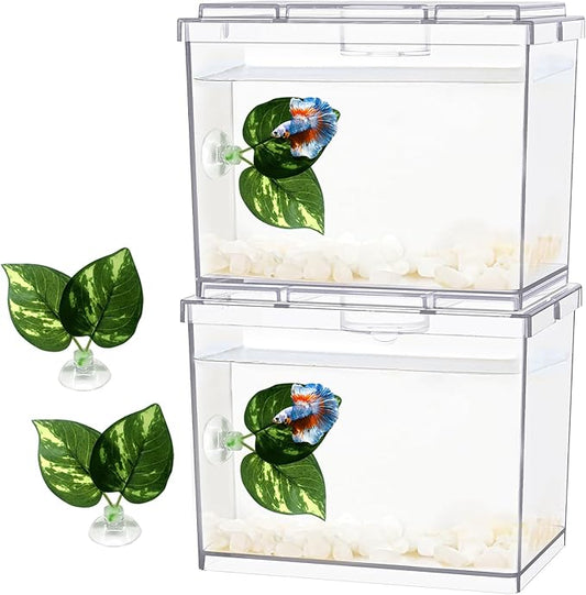 Mini Betta Fish Tank, Small Fish Bowl for Temporary Space, 0.2 Gallon Stackable Cube Tank with Betta Leaf and Gravels for Small Fish, Insect, Shrimp, Crab, Spider.(Pack-2)