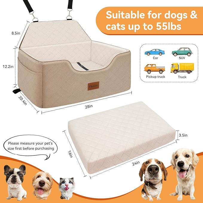 Dog Car Seat for Large-Medium Dogs: Pet Car Seat, Detachable Washable Dog Booster Seat, Pet Travel Bed with Storage Pockets and Dogs Safety Belt (Coffee, Large)