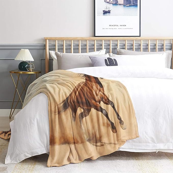 zcwl Brown Horse Blanket Twin Size, Western Desert Run Animal Fleece Throw Blanket for Couch Bed Sofa, Horse Patterned Blankets and Throws, Super Soft Cozy Plush Flannel Blanket, 60x80, Decor & Gift