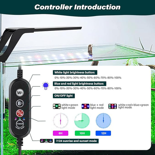 AQQA Aquarium Clip On Light,Fish Tank Full Spectrum LED Light,24/7 Sunrise Sunrise Mode+10 Adjustable Brightness Levels+Detachable Bracket+RGB LEDs + USB and Adapter,for Freshwater (14W)