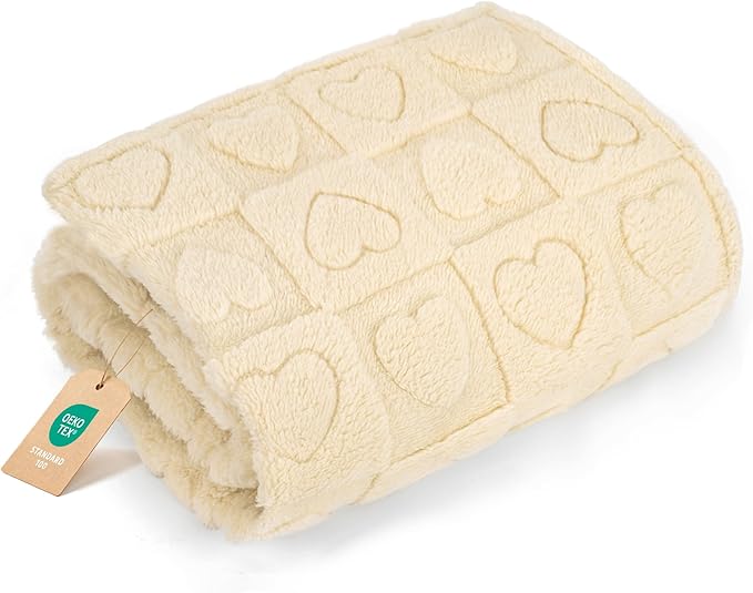 gogobunny Calming Plush Dog Cat Blanket 300GSM Coral Fleece, Ultra-Soft Machine Washable Pet Bedding for Small Medium Dogs Cats Puppies Kittens (Beige, 25x35)