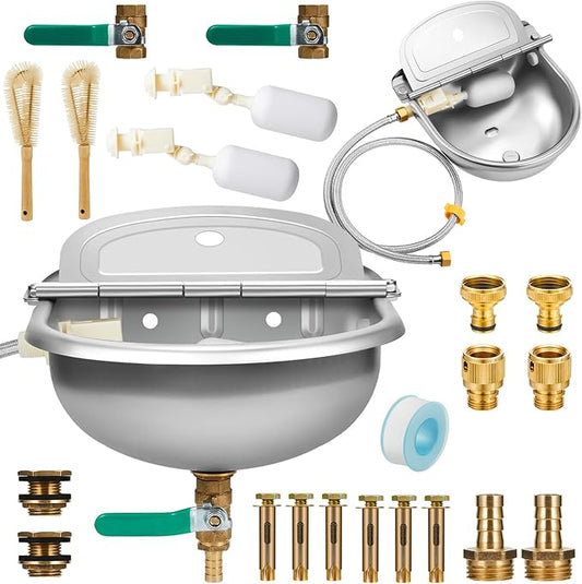 2 Set 1gal/4l Automatic Water Dispenser for Dogs Animal Drinking Bowl with Float Valve Stainless Steel Auto Waterer Outdoor Livestock Water Trough with Pipe Bolt for Horse Goat Chicken