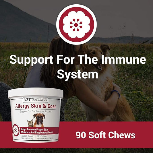 Vet Classics Allergy Skin & Coat Support Pet Supplement for Dogs & Cats – Pet Health Supplement for Cat Skin Moisture, Dog Allergies, Pet Respiratory Health– Includes Antioxidants – Soft Chews 90 Ct.