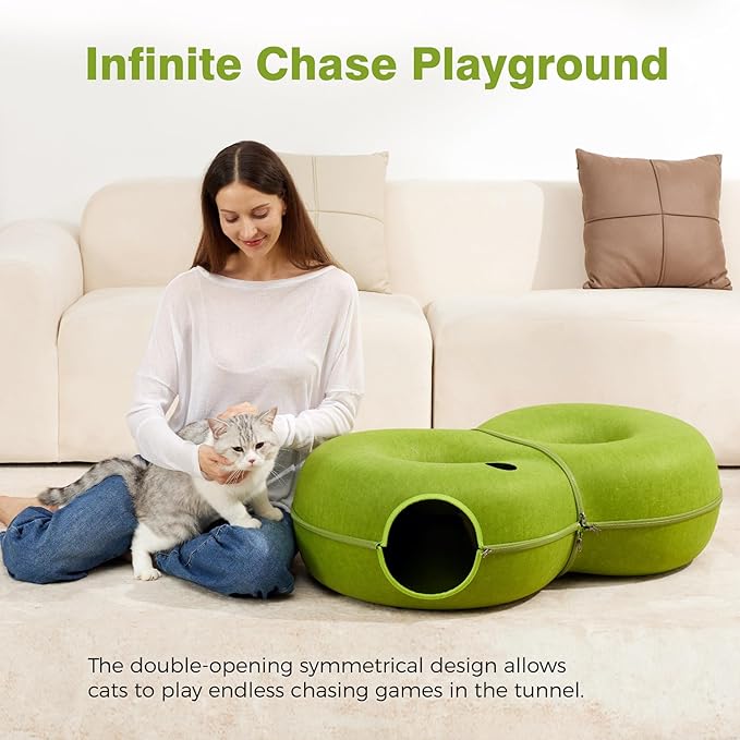 LovIntry 8-Shaped Large Cat Tunnel Bed for Indoor Cats, Infinite Circulation Peekaboo Cat Cave with 12 Toy Balls, Cat Donut Tunnel for Cats up to 30 Pounds (Green, L(38x24x11))