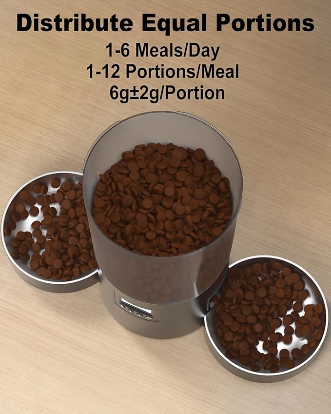 Automatic Cat Feeder for 2 Cats, 4.2L Dual Food Dispenser, Up to 6 Meals/Day, Portion Control, Voice Message, Dual Power Options (Transparent+Black, Dual Stainless Steel Bowls)