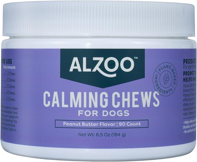 ALZOO Calming Chews for Dogs Anxiety, Peanut Butter Flavor - Natural Dog Calming Treats, Stress Relief for Storms, Fireworks, Grooming, Separation Anxiety, Made w/Valerian & Chamomile, 90 ct