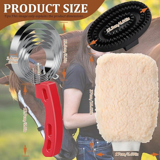 Curry Comb Kit, 6 Ring Curry Comb & Rubber Brush, Curry Comb Kit for Grooming Horses, Dogs, Goats, Cattle, Cow, Donkey Supplies
