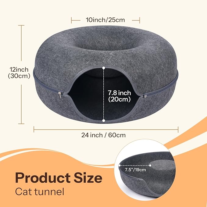 Peekaboo Cat Cave Bed for Indoor Cats, Scratch-Resistant Cat Donut Tunnel for Multiple & Large Cats, Detachable Round Cat Hideaway for Playing, Sleeping and Hiding, Up to 30-45 lbs