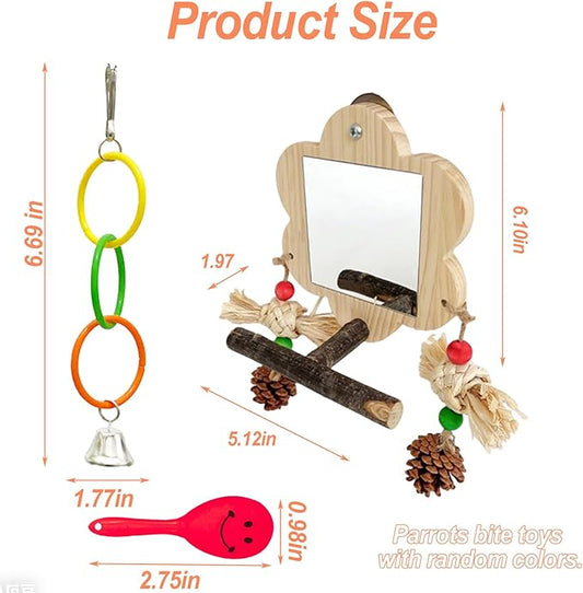 Acsist Bird Mirror with Perch, Cockatiel Mirror for Cage, Parakeet Toys with Chew Toy,Bird Cage Accessories for Parrot Conure Lovebirds Finch Canaries(Pinecone)