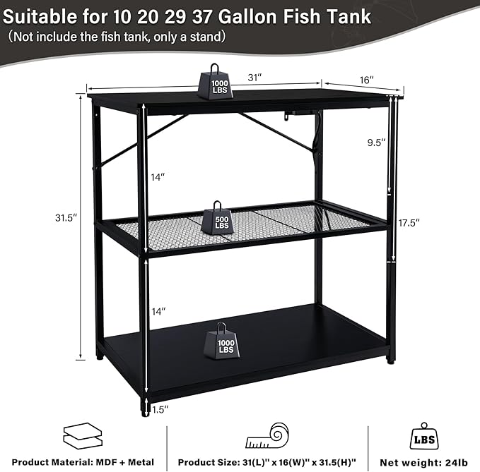 TC-HOMENY Fish Tank Stand 10-20-29-37 Gallon, 1000LB Capacity Aquarium Stand with Charging Station，31" L x 16" W Metal Reptile Tank Stand, Double Storage Design Adjustable Boards, Black (Tank not Included)