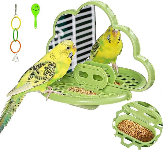 Acsist Bird Mirror with Perch,Interactive Birds Toys Slow Feeder for Alleviate Boredom,Parrot Mirror Bird Cage Accessories for Parakeet,Cockatiel, Conure, Lovebird, Finch, Canary,Budgie