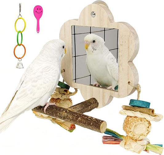 Acsist Bird Mirror with Perch, Cockatiel Mirror for Cage, Parakeet Toys with Chew Toy,Bird Cage Accessories for Parrot Conure Lovebirds Finch Canaries (Corn Cob)