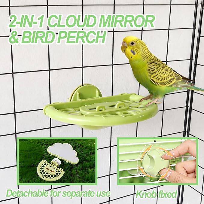 Acsist Bird Mirror with Perch,Interactive Birds Toys Slow Feeder for Alleviate Boredom,Parrot Mirror Bird Cage Accessories for Parakeet,Cockatiel, Conure, Lovebird, Finch, Canary,Budgie