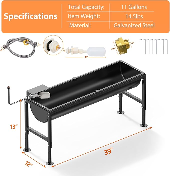 Automatic Animal Waterer 11 Gallon, Livestock Water Trough with Adjustable Stand, Automatic Water Dispenser with Float Valve, Easy to Assemble, Feeding Goat, Sheep, Horse, Dog in Farm