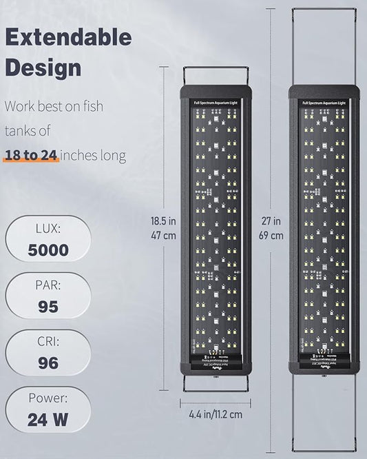 Pawfly 20W 24/7 Aquarium LED Light for 18" to 24" Tanks Extendable Fish Tank Light with Full Spectrum White Blue Red Green Lights with D/N Mode Single Color Effects Timer and Adjustable Brightness