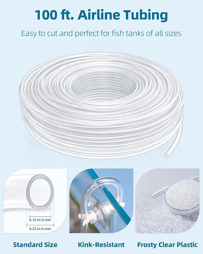Pawfly 100 Feet Fish Tank Airline Tubing, Aquarium Tubing, Aquarium Air Pump Accessories Kit with Check Valves, Air Stones, Air Control Valves, Suction Cups and Connectors