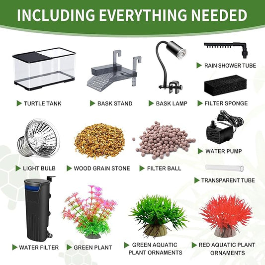 (Tank + Light +Pump + Filter + Filter Balls) Turtle Tank Kit, Turtle Tank Starter Kit,Bottom Drainage, Multi-Function Areas for Turtles, Crabs,Fishes, Amphibians,Reptiles. (21.65 x 12.28 x12.28 Inch)
