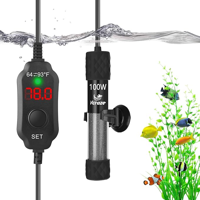 Super Compact 100W Fish Tank Heater, Submersible Aquarium Heater with LED Digital Display Thermostat, Adjustable Fish Heater for 10-20 Gallon Tanks