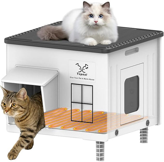 Dahivs Indestructible Heated Cat House for Outside Winter, Heated Outdoor Cat House Weatherproof with Escape Door, Waterproof & Insulated Outdoor Cat Shelter for Feral Stray Cat Kitty. 17.7"x15"x17.5"