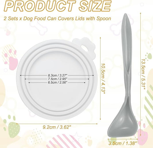 Cat Food Can Covers Lids, Dog Food Can Lids with Spoons Silicone Toppers Reusable Fits 3 Standard Sizes, (White, 2Sets), Intended for Dog/Cat/Pet Food