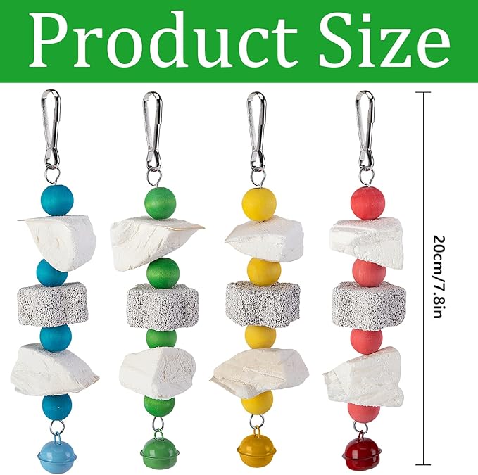 4 Pack Parrot Chewing Toy, Bird Beak Grinding Stone with Bell, Parrot Beak Trimmer Calcium Stone,Bird Cage Accessories for Cockatiels Parakeets Parrot Budgies Rat Hamster Chinchilla Rabbit Bunny