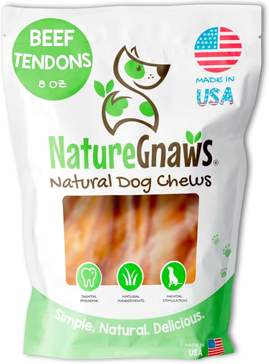 Nature Gnaws USA Beef Tendons for Dogs (8oz) - Mixed Thickness - Long Lasting for Aggressive Chewers - Premium Natural Beef Dog Chew Treats - Rawhide Free