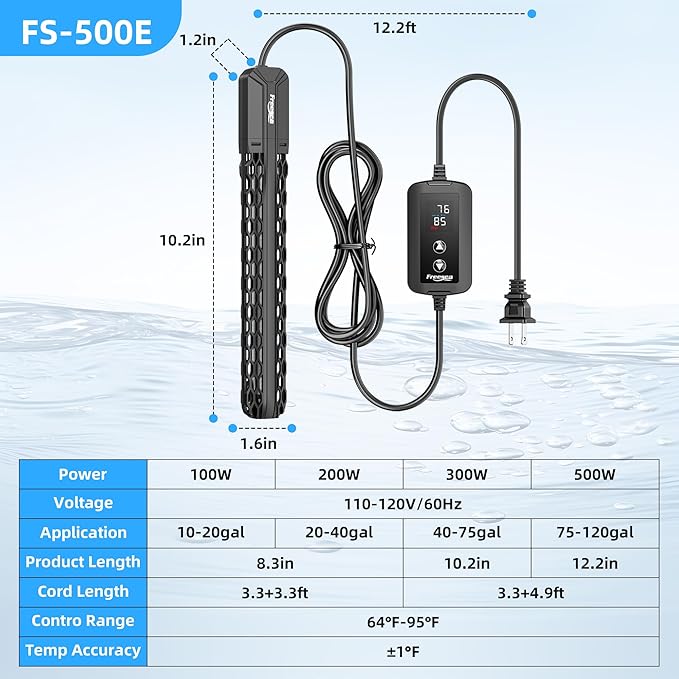 FREESEA Aquarium Heater for Fish Tank: 100W/200W/300W/500W Submersible Fish Tank Heater with Over-Temperature and Off-Water Protection for 75-120 Gallon Saltwater and Freshwater