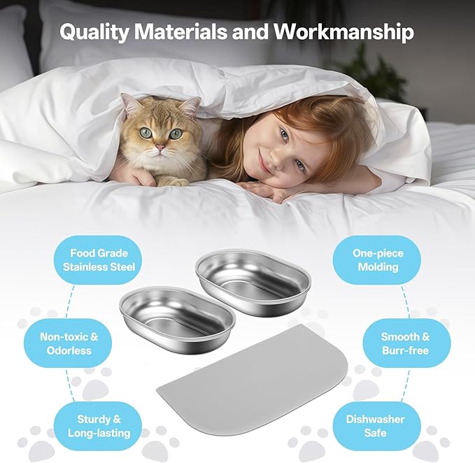 Stainless Steel Bowls and Mat Set for Automatic Microchip Pet Feeder, YOIHABV 2 Single SUS 304 Bowls and 1 Silicone Mat, Keep Food Fresh, Easy to Clean, Protect Cat Feeder