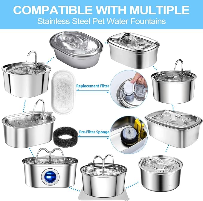 Cat Water Fountain Filter for Stainless Steel 108oz/3.2L& 67oz/2L Automatic Pet Water Dispenser Fountian Replacement Filter with Sponges, white-16