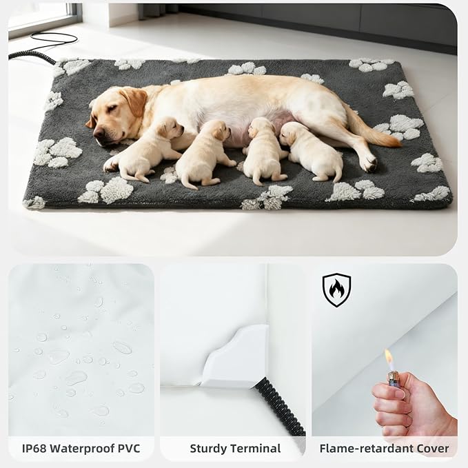 NESAYVER Large Dog Heating Pad with Smart Thermostat Switch, Heated Pet Crate Pad with Fleece Cover for Indoor Outdoor, 35x24 Inch with Anti-bite Cord, Constant on Function, UL&FCC Dual Certification