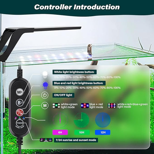 AQQA Aquarium Clip On Light,Fish Tank Full Spectrum LED Light,24/7 Sunrise Sunrise Mode+10 Adjustable Brightness Levels+Detachable Bracket+RGB LEDs + USB and Adapter,for Freshwater (8W)