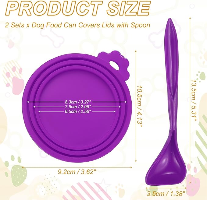 Cat Food Can Covers Lids, Dog Food Can Lids with Spoons Silicone Toppers Reusable Fits 3 Standard Sizes, (Purple, 2Sets), Intended for Dog/Cat/Pet Food