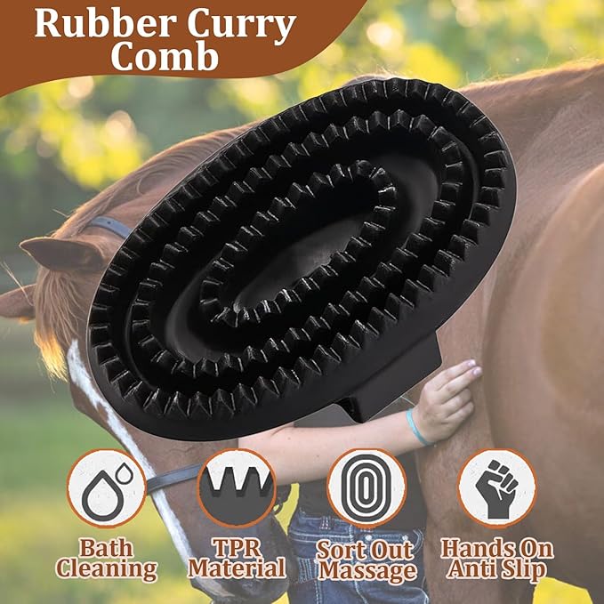 Curry Comb Kit, 6 Ring Curry Comb & Rubber Brush & Horse Grooming Mitts, Curry Comb Kit for Grooming Horses, Dogs, Goats, Cattle, Cow, Donkey Supplies