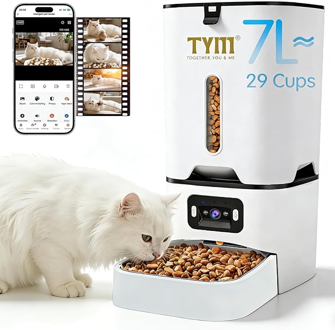 TYM Automatic Cat Feeder with Camera, 5G WiFi Timed Automatic Dog Feeder with APP Control, 7L Remote Feeding Auto Cat Food Dispenser, Reliable, Easy Cleaning, Keep Food Fresh