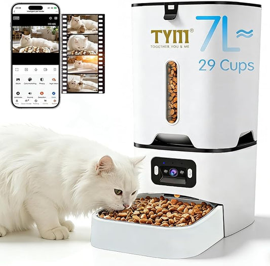 TYM Automatic Cat Feeder with Camera, 5G WiFi Timed Automatic Dog Feeder with APP Control, 7L Remote Feeding Auto Cat Food Dispenser, Reliable, Easy Cleaning, Keep Food Fresh